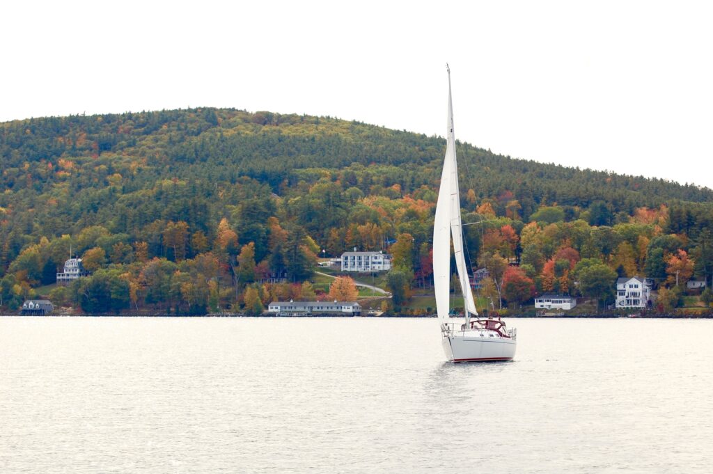 sailboat on the lake with foliage in the background