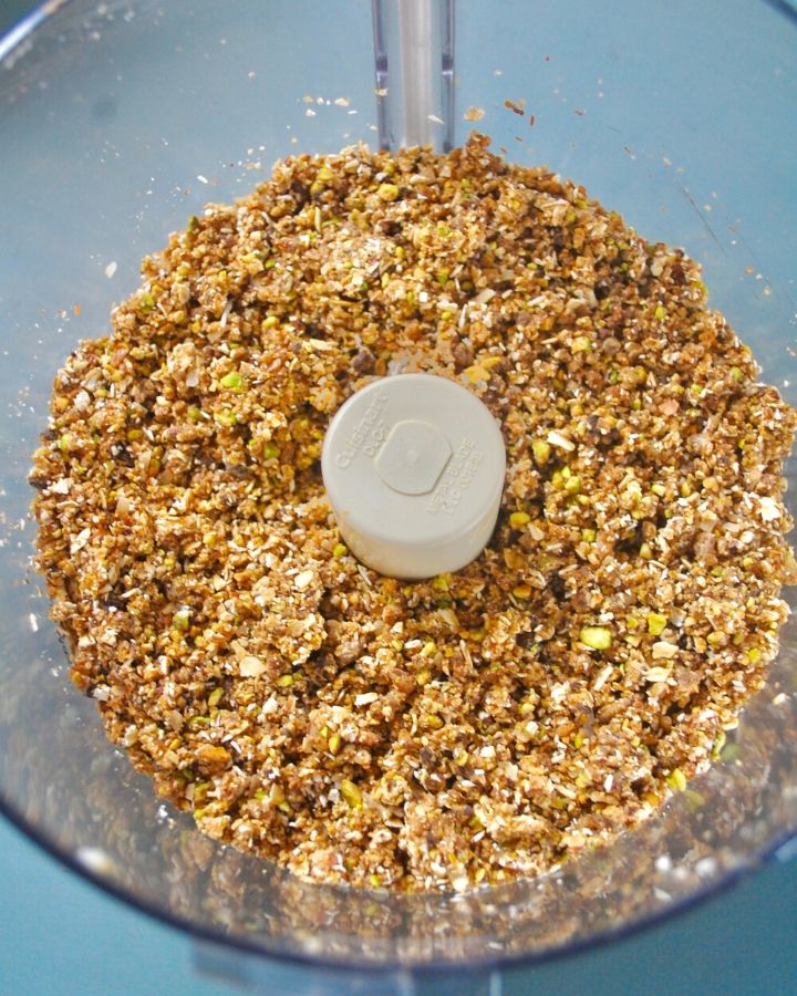 Pistachio Energy Ball Crumbly Mixture in Food Processor