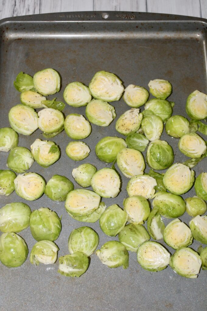 Halved Brussels Sprouts on a Cookie Sheet