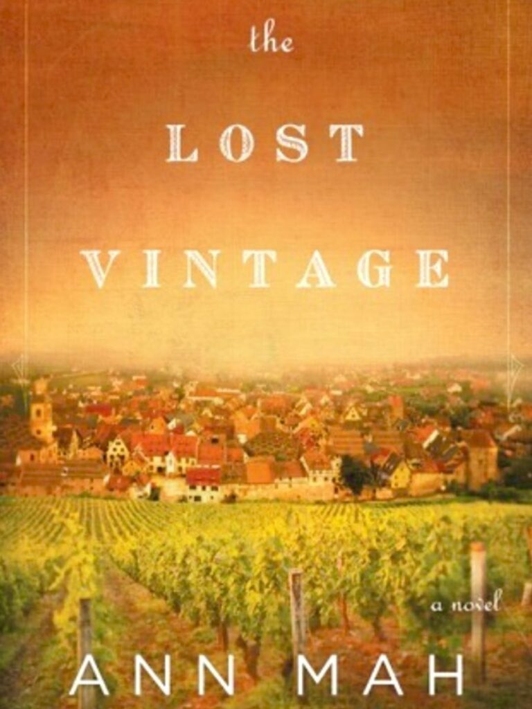 the cover of the Lost Vintage book by Ann Mah, picture of a grape farm with town in the background