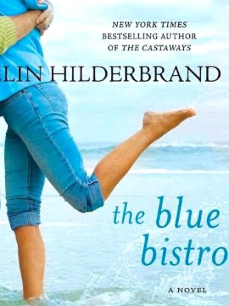 cover of the book The Blue Bistro - a women in jeans and a blue top hugging a man in the ocean with her leg bend up behind her