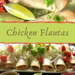 chicken flautas garnished with tomato, onion, cilantro, salsa, sour cream, and lime wedges