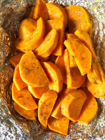 grilled sweet potato slices in foil