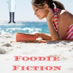 girl reading a book on the beach with a chef in the upper corner