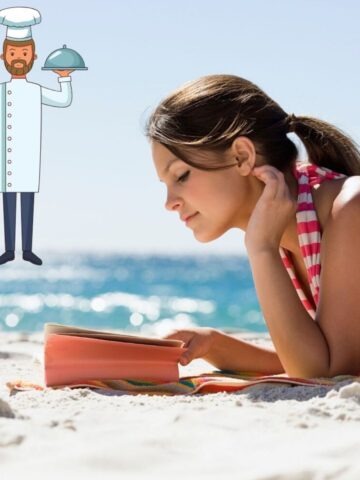 girl reading a book on the beach with a chef in the upper corner