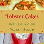 lobster cakes on a green dish with a ceramic lobster filled with lemon dill yogurt sauce