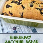 Blueberry zucchini bread in a green loaf pan