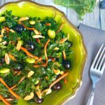 kale salad with blueberries, slivered almonds, shredded carrot, sliced green onion, and edemame