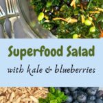 kale salad with blueberries, slivered almonds, shredded carrot, sliced green onion, and edemame