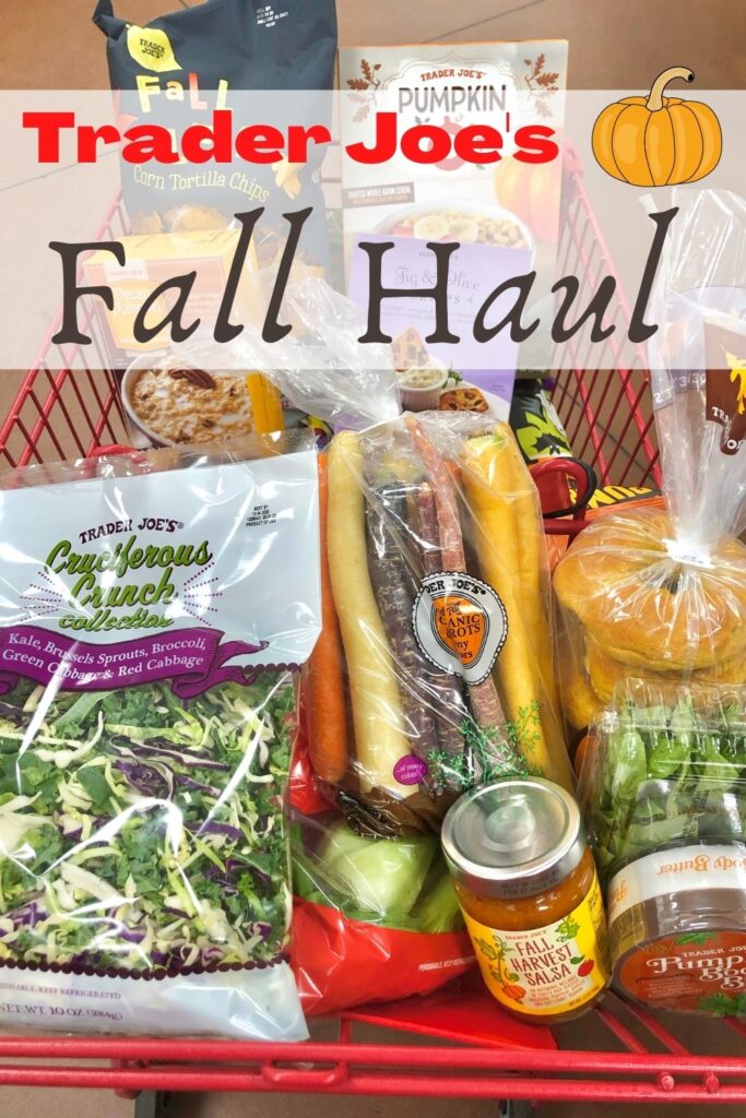 grocery cart full of fall products at Trader Joe's