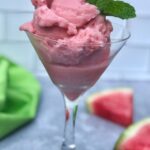 watermelon nice cream in a martini glass garnished with fresh mint