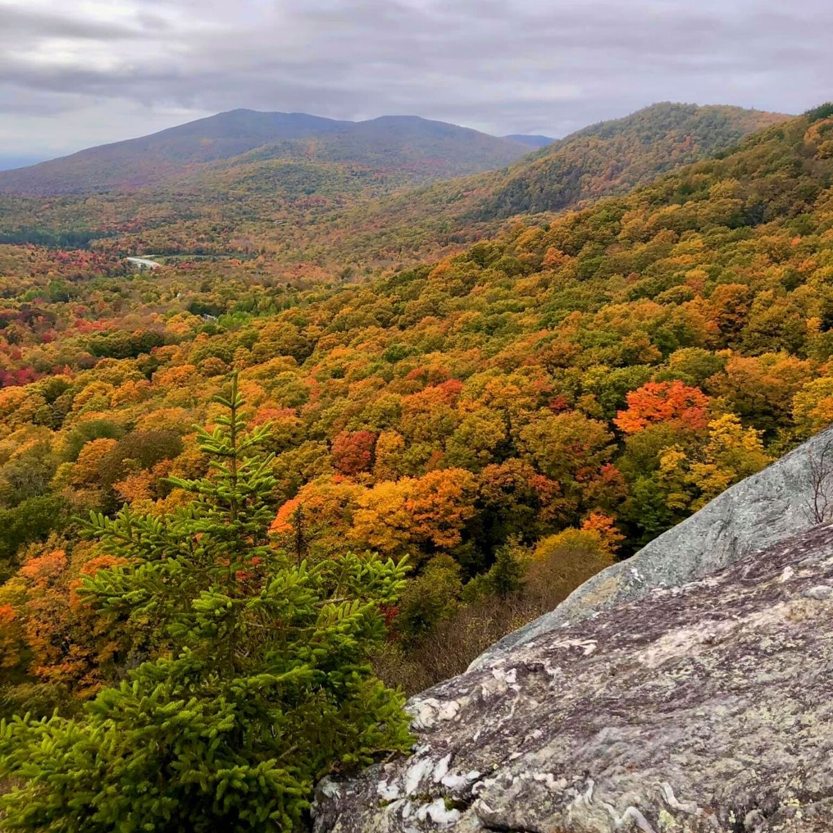 Mountains of vibrantly colored Vermont fall foliage