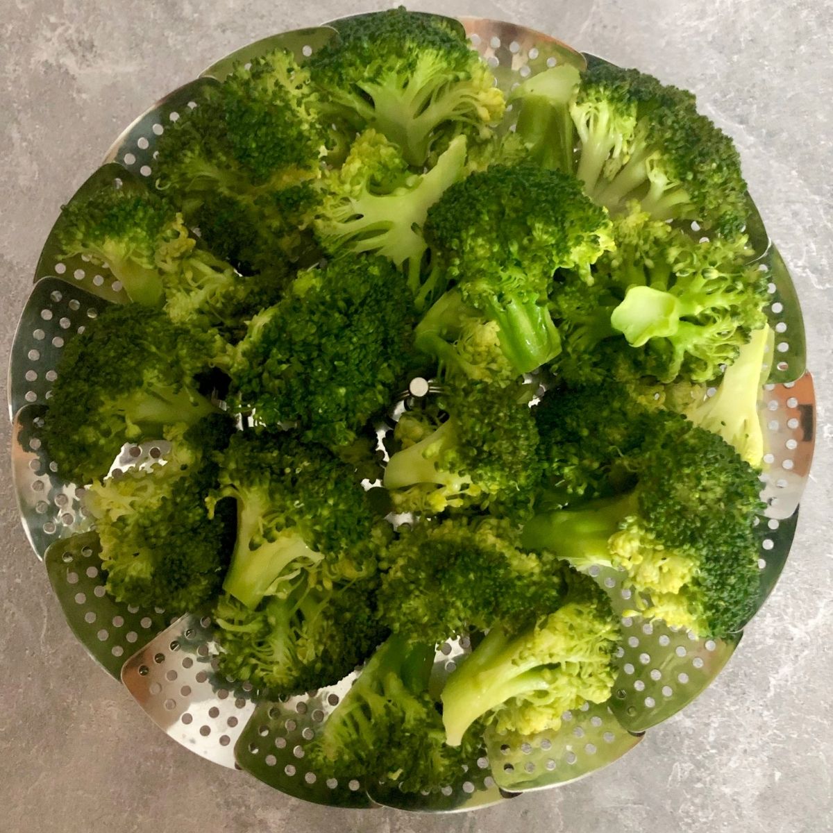 vibrantly colored steamed broccoli sitting on a steaming basket on gray background.