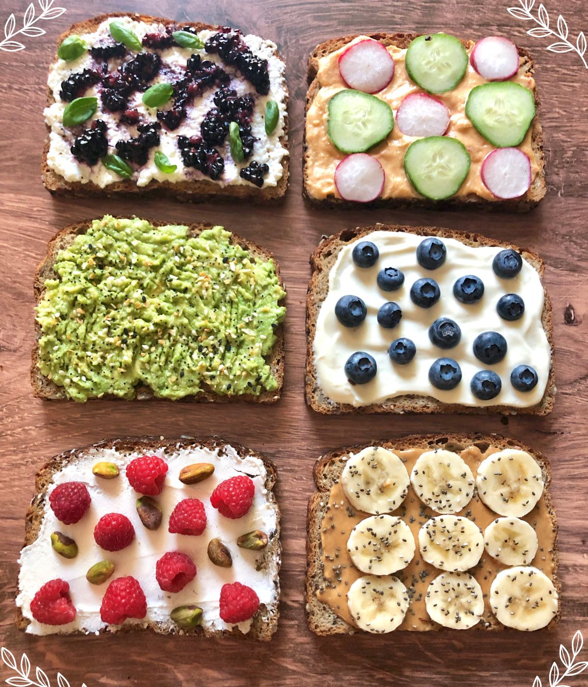 six pieces of toast, on a wooden table all with various toppings.
