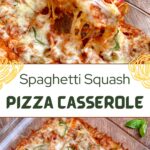 Pizza Casserole with a spatula taking out a cheesy piece.