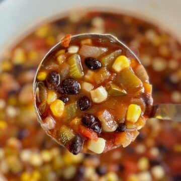 a close up ladle full of black bean and corn soup.